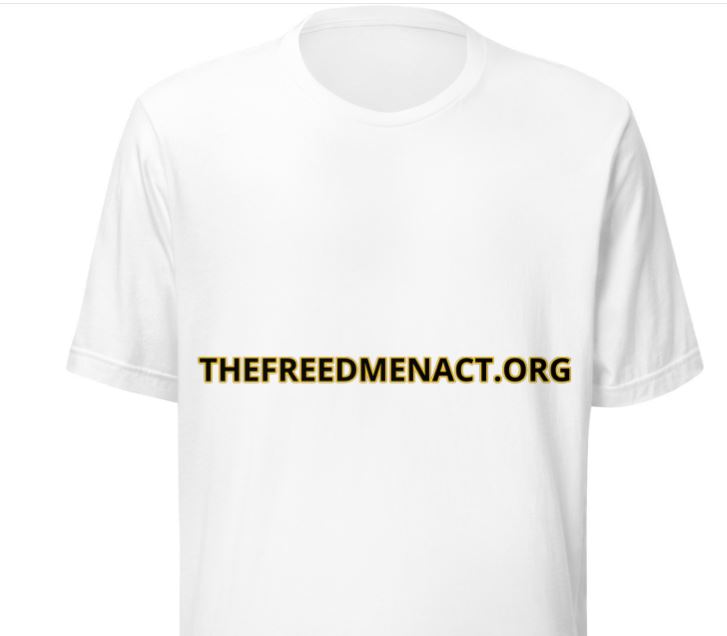 Front white: SMILE reparations t-shirt front – THEFREEDMENACT.ORG without model
