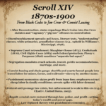 Scroll XIV – 1870s–1900: From Black Codes to Jim Crow — shows how new laws and leasing systems re-enslaved Freedmen through penal labor.