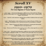 Scroll XV – 1910–1970: The Great Migration — follows mass relocation northward amid racial violence and economic hope.