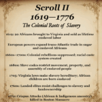 Scroll II – 1619–1776: The Colonial Roots of Slavery — illustrates how European colonial systems built racial hierarchies that ensnared Freedmen ancestors.