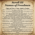 Scroll III – Names of Freedmen: Origins and Dates of Names Applied to Freedmen — explores naming impositions and identity erasure through law and records.