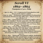 Scroll VI – 1862–1865: Emancipation in Law vs. Reality — contrasts the legal promise of freedom with its uneven enforcement on the ground.